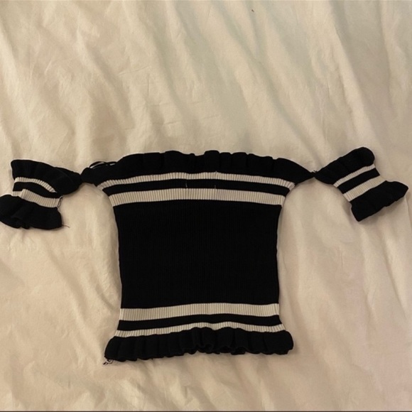 LF Black & White Striped Ribbed Off - The - Shoulder Top - Picture 2 of 4